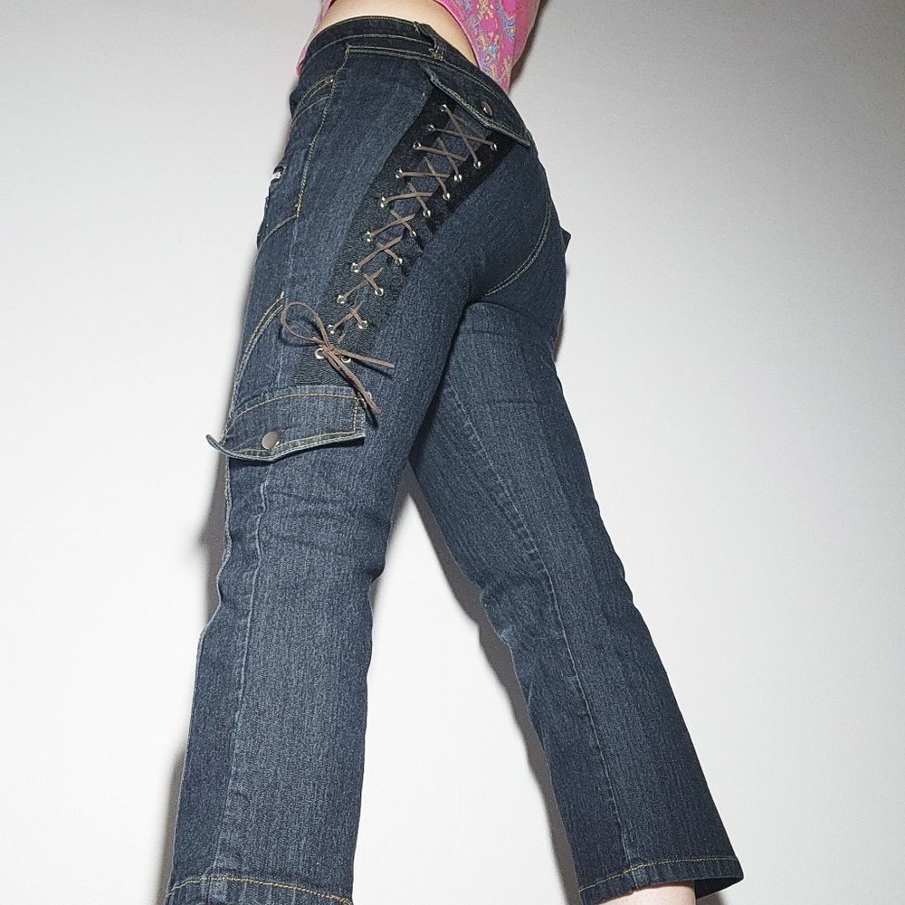 Dark Wash Lace-Up Wide Leg Jeans - Women's Flare